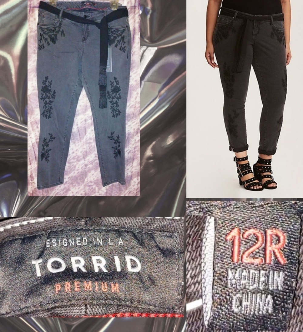 Torrid brand Premium Boyfried Jeans - Embroidered Black Wash Sz 12R